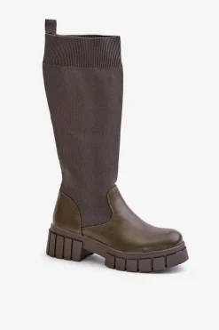 Hot Boto Kozaki Z Elastyczną Cholewką Na Płaskim Obcasie Ciemnozielone Mesidra Zielony