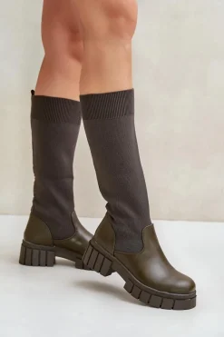 Hot Boto Kozaki Z Elastyczną Cholewką Na Płaskim Obcasie Ciemnozielone Mesidra Zielony