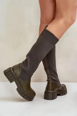 Hot Boto Kozaki Z Elastyczną Cholewką Na Płaskim Obcasie Ciemnozielone Mesidra Zielony