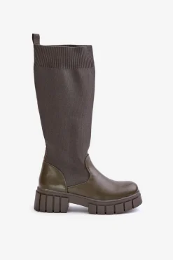 Hot Boto Kozaki Z Elastyczną Cholewką Na Płaskim Obcasie Ciemnozielone Mesidra Zielony