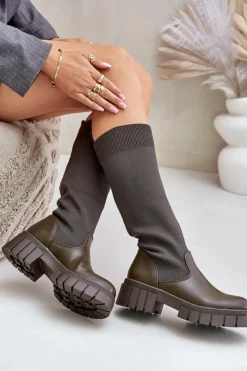 Hot Boto Kozaki Z Elastyczną Cholewką Na Płaskim Obcasie Ciemnozielone Mesidra Zielony