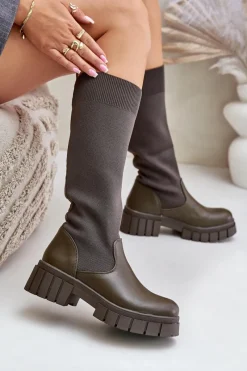 Hot Boto Kozaki Z Elastyczną Cholewką Na Płaskim Obcasie Ciemnozielone Mesidra Zielony