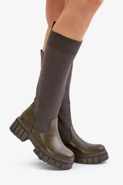 Hot Boto Kozaki Z Elastyczną Cholewką Na Płaskim Obcasie Ciemnozielone Mesidra Zielony