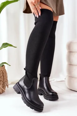 Clearance Kozaki Z Elastycznej Tkaniny Za Kolano Czarne Ice Coffee Damskie Kozaki Płaskie