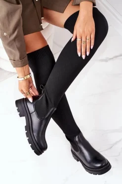 Clearance Kozaki Z Elastycznej Tkaniny Za Kolano Czarne Ice Coffee Damskie Kozaki Płaskie