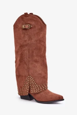 Boto Kozaki Z Wywiniętą Cholewką Na Słupku Brązowe Iveliri Brązowy