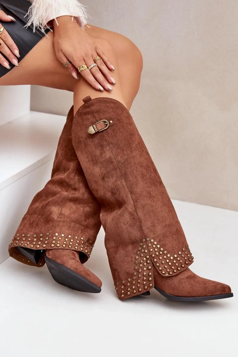 Boto Kozaki Z Wywiniętą Cholewką Na Słupku Brązowe Iveliri Brązowy