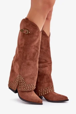 Boto Kozaki Z Wywiniętą Cholewką Na Słupku Brązowe Iveliri Brązowy