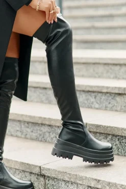 Outlet Boto Kozaki Za Kolano Na Masywnej Platformie Czarne Zinera