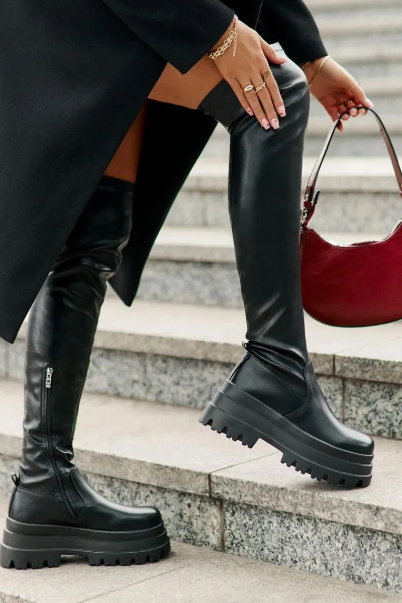 Outlet Boto Kozaki Za Kolano Na Masywnej Platformie Czarne Zinera