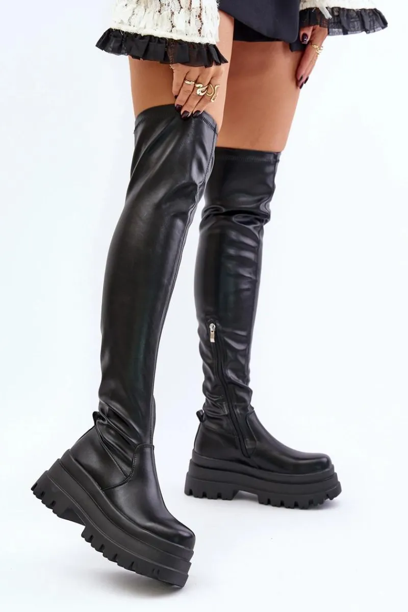 Outlet Boto Kozaki Za Kolano Na Masywnej Platformie Czarne Zinera