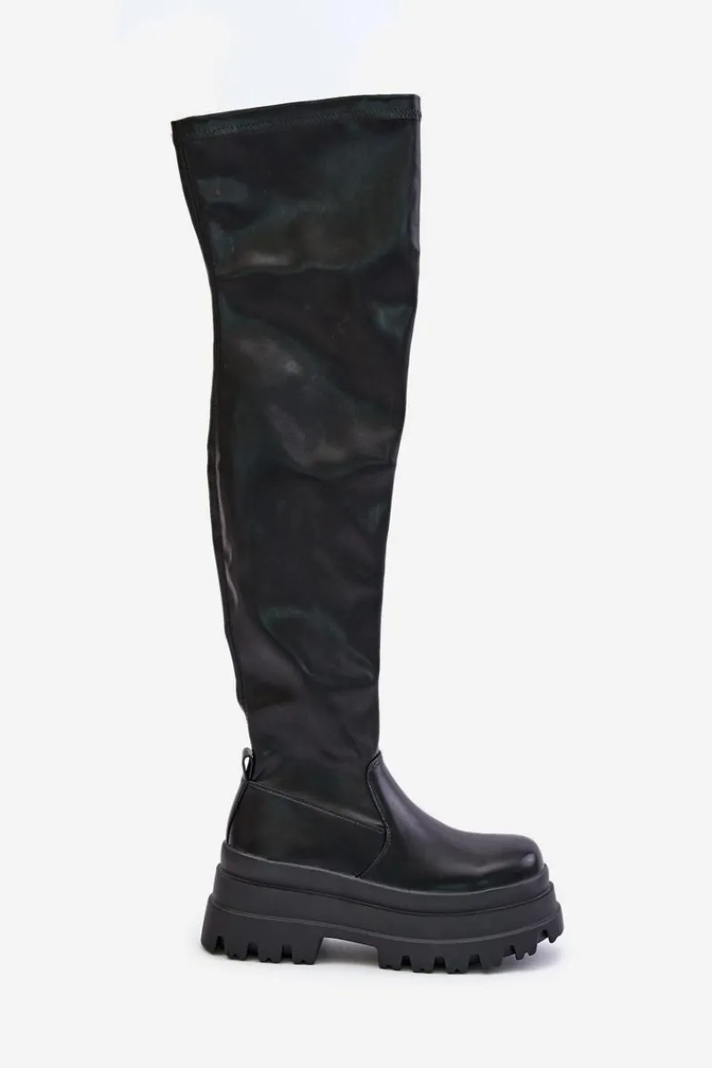 Outlet Boto Kozaki Za Kolano Na Masywnej Platformie Czarne Zinera