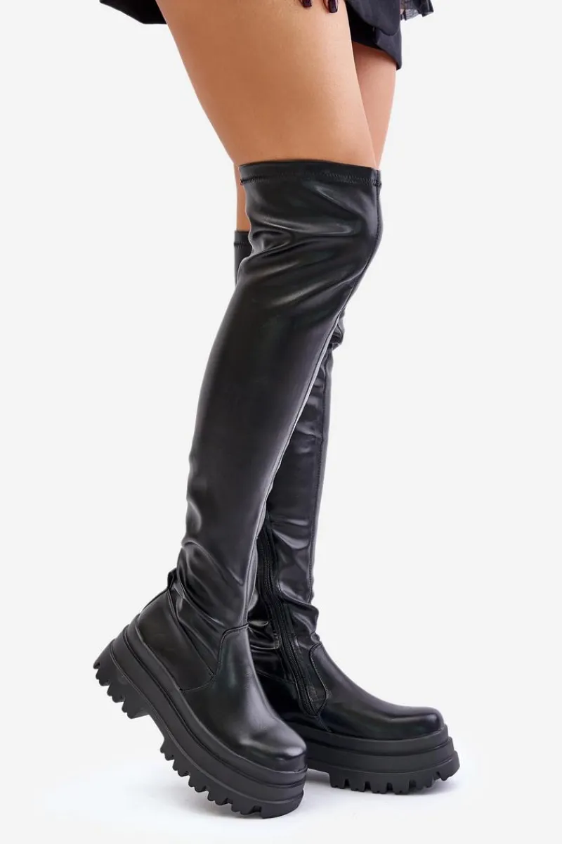 Outlet Boto Kozaki Za Kolano Na Masywnej Platformie Czarne Zinera