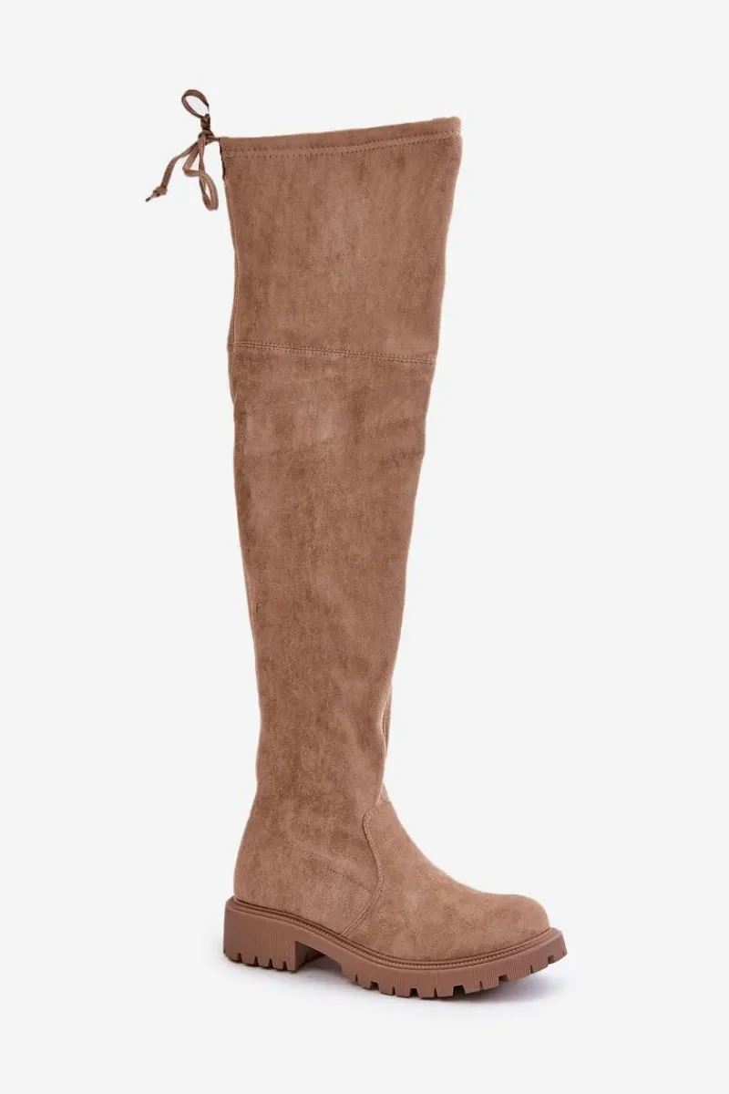 Online Boto Kozaki Za Kolano Na Płaskim Obcasie Z Eko Zamszu Beżowe Arkelia Beżowy