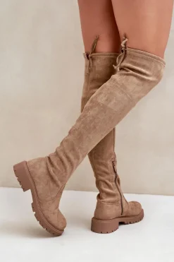 Online Boto Kozaki Za Kolano Na Płaskim Obcasie Z Eko Zamszu Beżowe Arkelia Beżowy