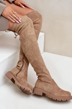 Online Boto Kozaki Za Kolano Na Płaskim Obcasie Z Eko Zamszu Beżowe Arkelia Beżowy