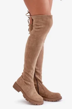 Online Boto Kozaki Za Kolano Na Płaskim Obcasie Z Eko Zamszu Beżowe Arkelia Beżowy