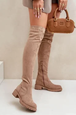 Hot Kozaki Za Kolano Na Płaskim Obcasie Beżowe Filora Damskie Muszkieterki|Kozaki Płaskie