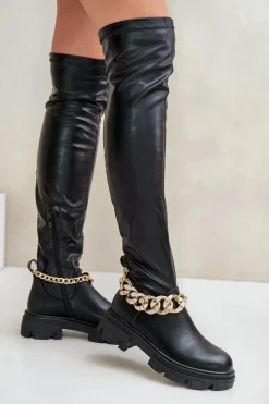 Muszkieterki|Kozaki Za Kolano>Boto Kozaki Za Kolano Na Płaskim Obcasie Z Łańcuchem Pemeriana