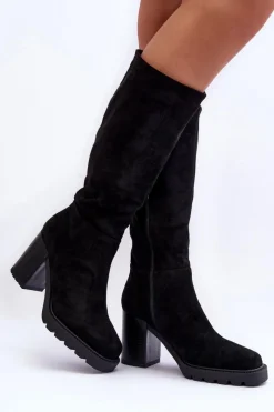 Online Kozaki Zamszowe Na Masywnym Obcasie Czarne Virdana Damskie Kozaki Przed Kolano|Kozaki Na Obcasie