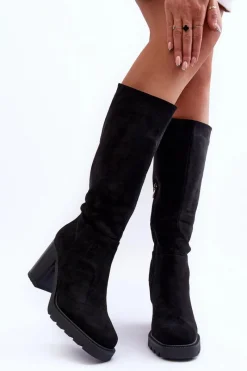 Online Kozaki Zamszowe Na Masywnym Obcasie Czarne Virdana Damskie Kozaki Przed Kolano|Kozaki Na Obcasie