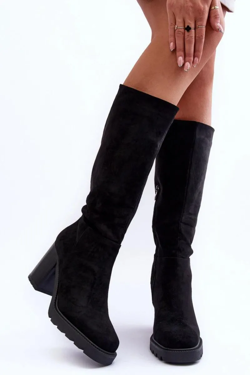 Online Kozaki Zamszowe Na Masywnym Obcasie Czarne Virdana Damskie Kozaki Przed Kolano|Kozaki Na Obcasie