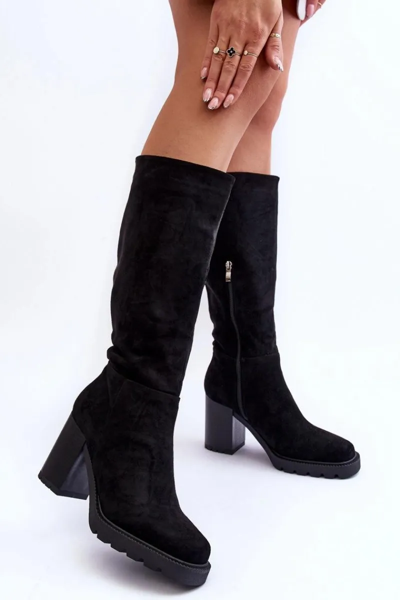 Online Kozaki Zamszowe Na Masywnym Obcasie Czarne Virdana Damskie Kozaki Przed Kolano|Kozaki Na Obcasie