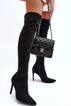 Hot Boto Kozaki Zamszowe Za Kolano Na Szpilce Czarne Calfi