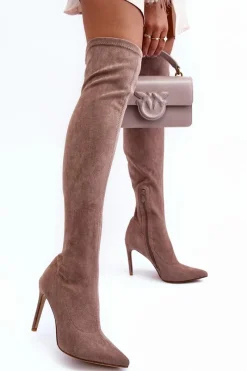 Kozaki Zamszowe Za Kolano Na Szpilce Beżowe Calfi Damskie Muszkieterki|Kozaki Za Kolano
