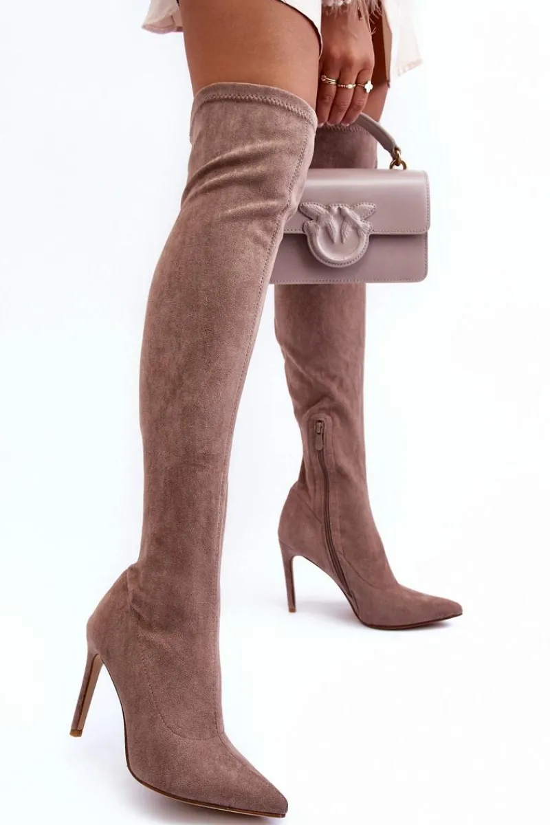 Kozaki Zamszowe Za Kolano Na Szpilce Beżowe Calfi Damskie Muszkieterki|Kozaki Za Kolano