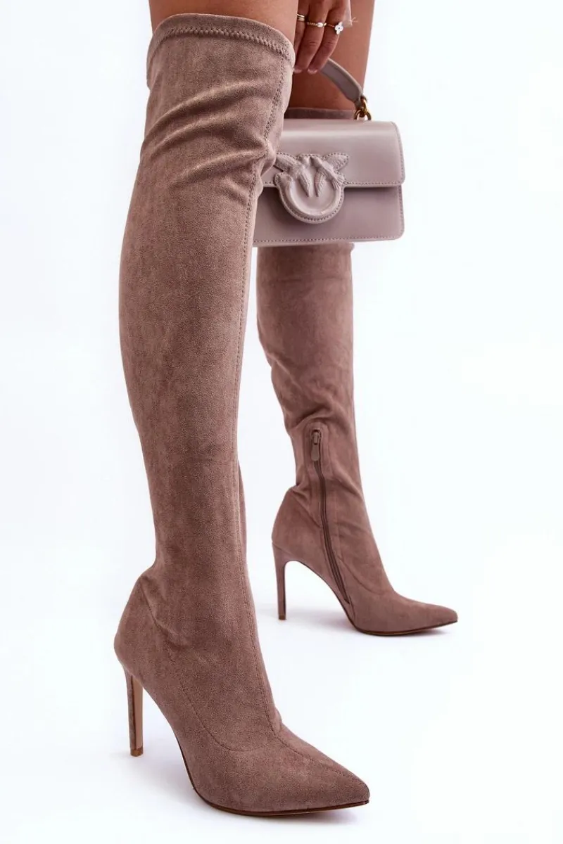 Kozaki Zamszowe Za Kolano Na Szpilce Beżowe Calfi Damskie Muszkieterki|Kozaki Za Kolano