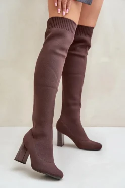 Hot Boto Kozaki Ze Skarpetkową Cholewką Za Kolano Na Słupku Brązowe Esanira Brązowy