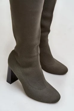 New Kozaki Ze Skarpetkową Cholewką Za Kolano Na Słupku Ciemnozielone Esanira Damskie Kozaki Ocieplane|Muszkieterki