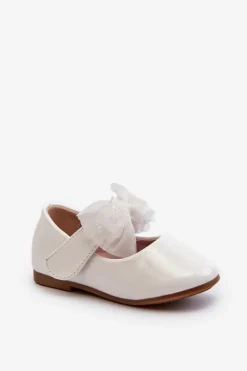 Balerinki Dziecięce>Evento Lakierowane Balerinki Dziecięce Na Rzep Z Kokardą Białe Olessa