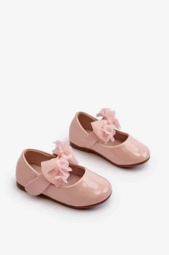 Hot Evento Lakierowane Balerinki Dziecięce Na Rzep Z Kokardą Różowe Olessa