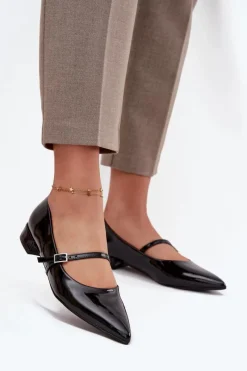 Clearance Lakierowane Baleriny Na Delikatnym Obcasie Z Paskiem Czarne Isvella Damskie Czółenka Klasyczne