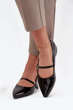 Clearance Lakierowane Baleriny Na Delikatnym Obcasie Z Paskiem Czarne Isvella Damskie Czółenka Klasyczne