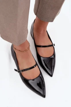 Clearance Lakierowane Baleriny Na Delikatnym Obcasie Z Paskiem Czarne Isvella Damskie Czółenka Klasyczne