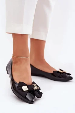 Baleriny Skórzane|Baleriny Klasyczne>Boto Lakierowane Baleriny Z Kokardą I Złotą Broszką Czarne Rivona