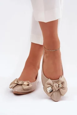 Best Lakierowane Baleriny Z Kokardą I Złotą Broszką Ciemnobeżowe Rivona Damskie Baleriny Skórzane|Baleriny Klasyczne