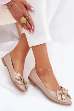 Best Lakierowane Baleriny Z Kokardą I Złotą Broszką Ciemnobeżowe Rivona Damskie Baleriny Skórzane|Baleriny Klasyczne