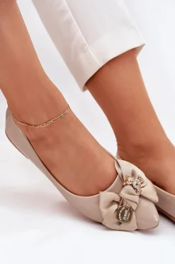 Best Lakierowane Baleriny Z Kokardą I Złotą Broszką Ciemnobeżowe Rivona Damskie Baleriny Skórzane|Baleriny Klasyczne