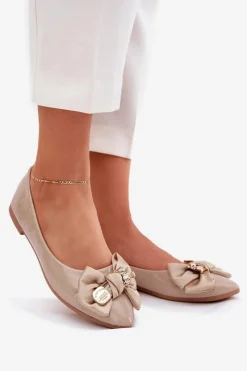 Best Lakierowane Baleriny Z Kokardą I Złotą Broszką Ciemnobeżowe Rivona Damskie Baleriny Skórzane|Baleriny Klasyczne