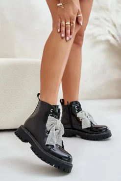 Botki Sznurowane|Czarne Botki>Boto Lakierowane Botki Damskie Z Kokardą Czarne Ocenttia