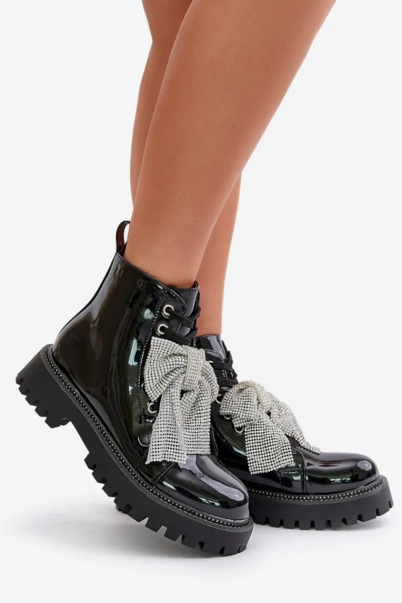 Botki Sznurowane|Czarne Botki>Boto Lakierowane Botki Damskie Z Kokardą Czarne Ocenttia