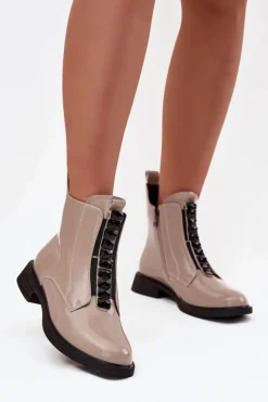 Clearance Lakierowane Botki Damskie Z Naturalnej Skóry MR52-108 Beżowe Damskie Botki Skórzane|Botki Płaskie