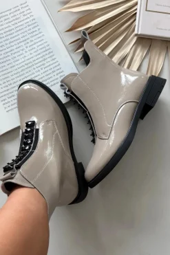 Clearance Lakierowane Botki Damskie Z Naturalnej Skóry MR52-108 Beżowe Damskie Botki Skórzane|Botki Płaskie