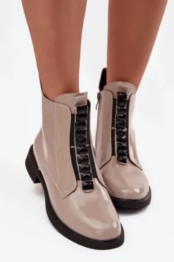 Clearance Lakierowane Botki Damskie Z Naturalnej Skóry MR52-108 Beżowe Damskie Botki Skórzane|Botki Płaskie