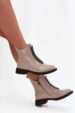 Clearance Lakierowane Botki Damskie Z Naturalnej Skóry MR52-108 Beżowe Damskie Botki Skórzane|Botki Płaskie