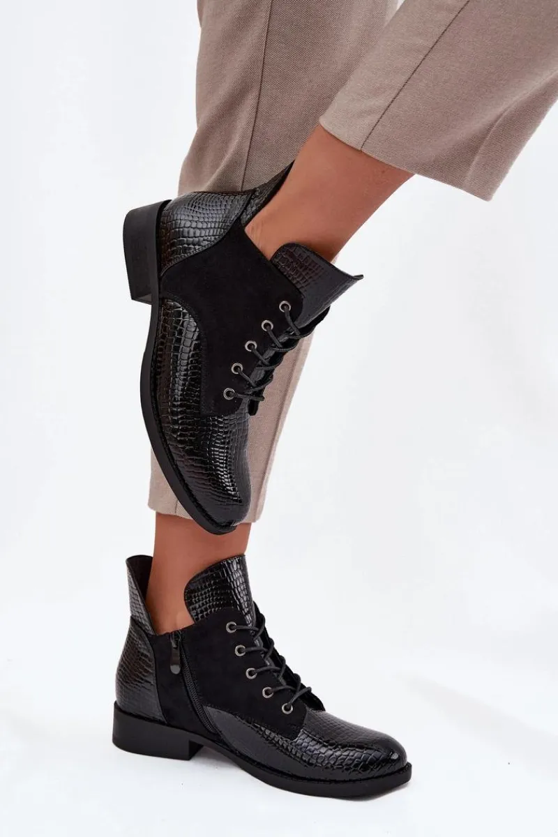 New Lakierowane Botki Damskie Z Ozdobnym Tłoczeniem Ocieplane Vinceza 16477 Czarne Damskie Botki Ocieplane|Botki Sznurowane